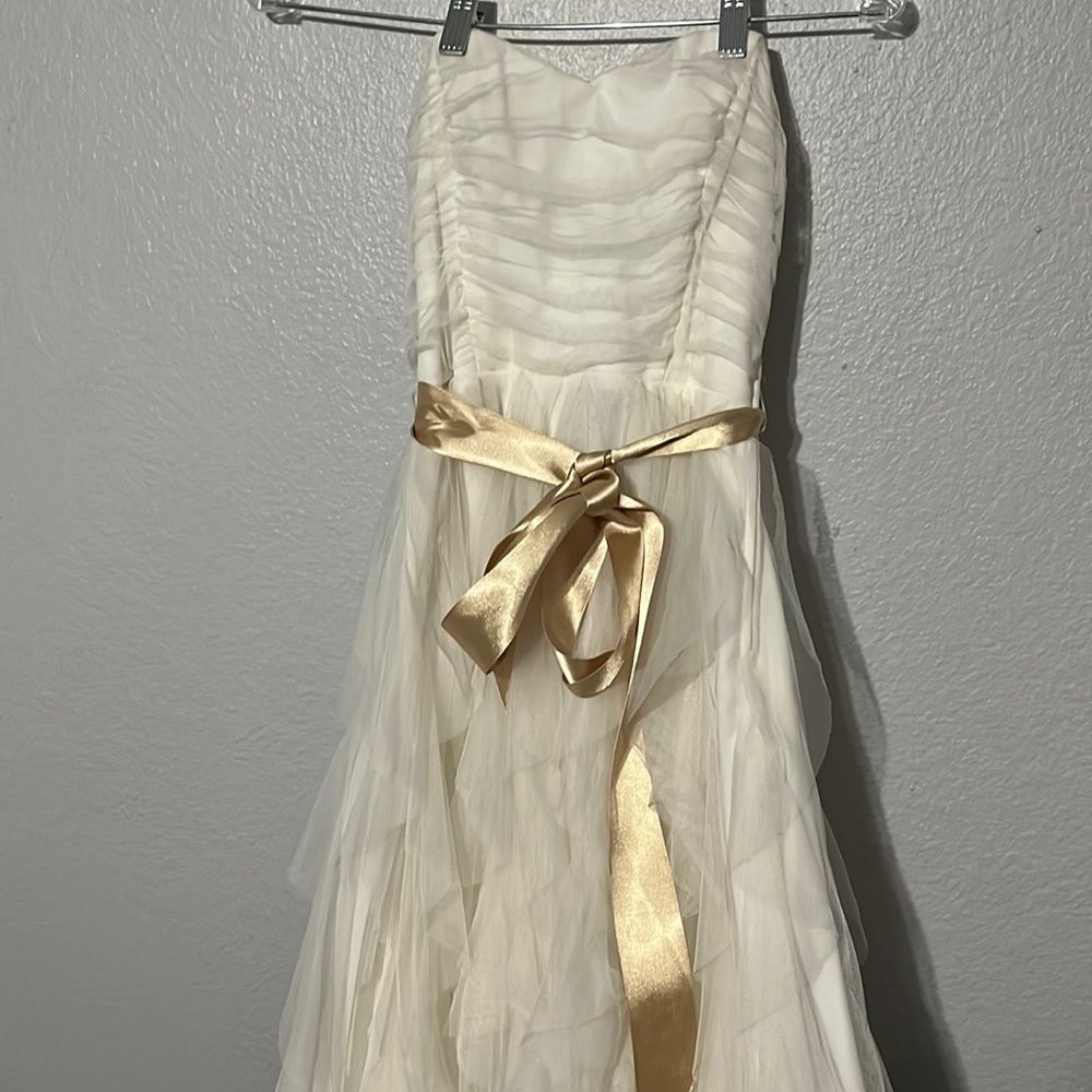 White strapless high low gown with gold ribbon - size 7
